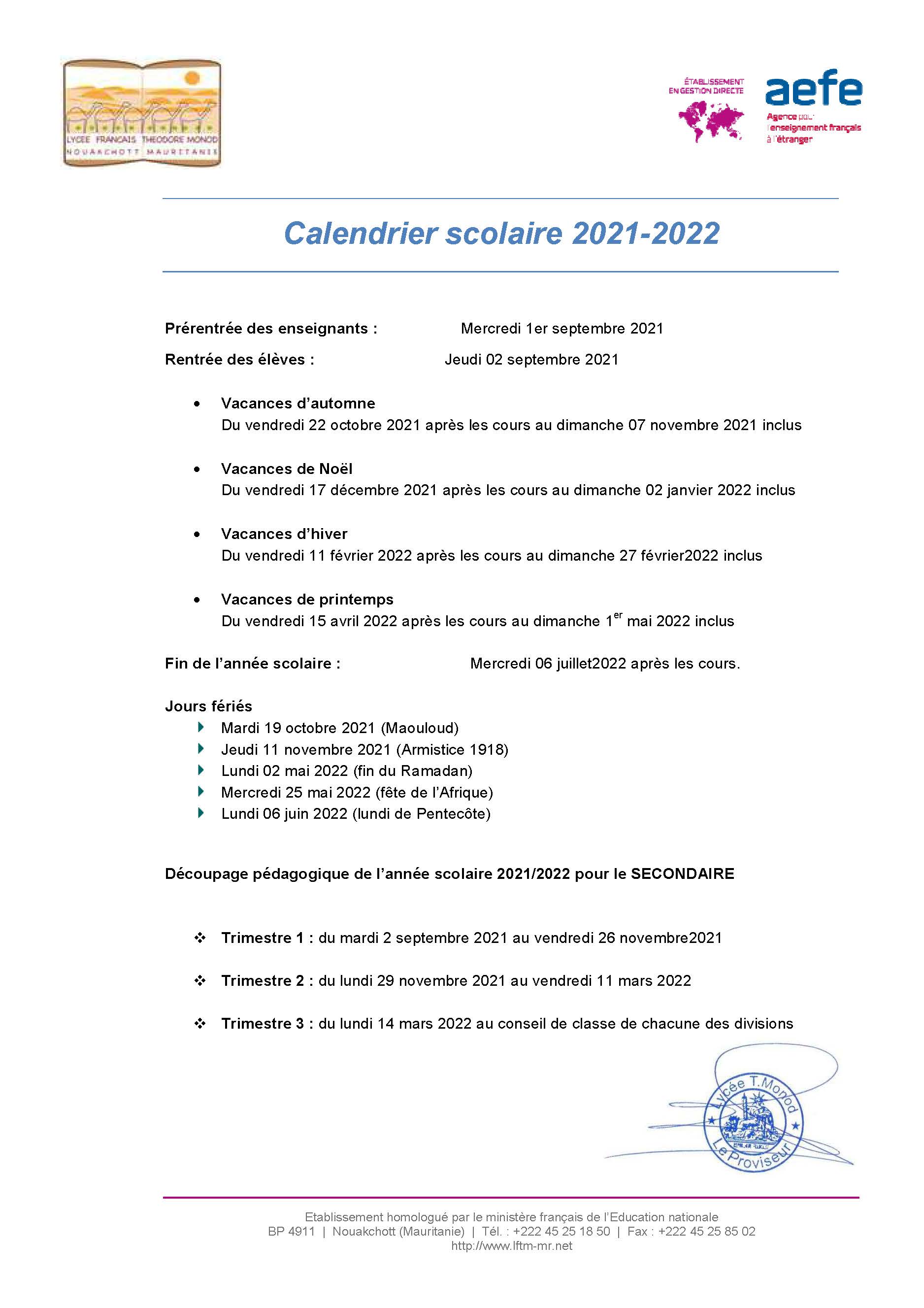 Calendrier Scolaire 2021 2022